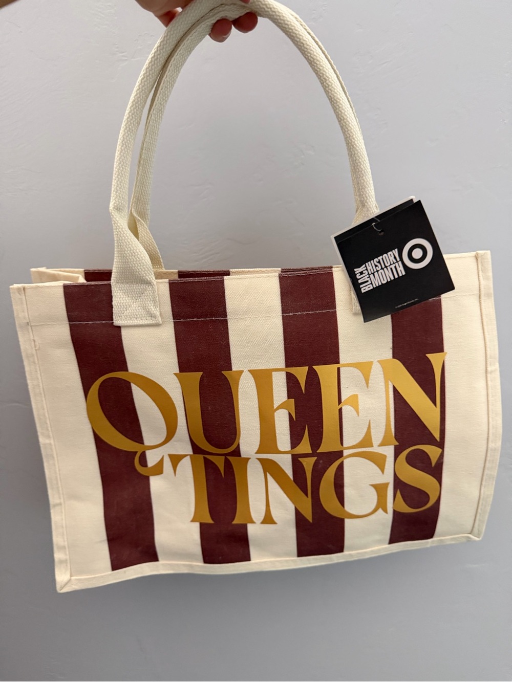 Target Queen Tings distress Canvas Tote in Cream/brown with Gold Lettering